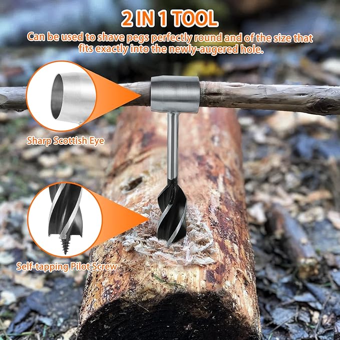 Hand Auger Wrench Survival Tools for Bushcraft - Scotch Eye Wood Drill Bit for Camping Outdoor Wood Peg and Hole Maker, Portable Camping Tripod with Adjustable Chain