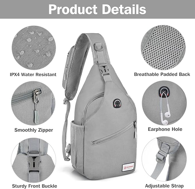 ZOMAKE Sling Bag for Women Men, Small Crossbody Sling Backpack, Mini Water Resistant Shoulder Daypack for Travel, Anti Thief Chest Bag for Hiking, Sports, Grey(new)