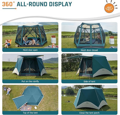 Instant Tents for Camping Pop Up Screen Tent with Floor, 6 Person Large Family Camping Tent with Rainfly and Porch, Easy 60S Setup Hub Tent for Outdoor Picnic Backyard, 11.5x10x6.83FT