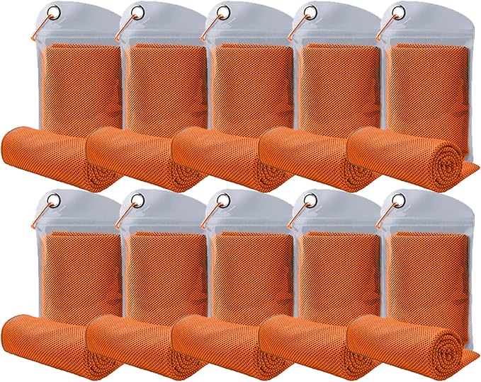 10 Pack Cooling Towels Bulk Microfiber Ice Towel Quick Dry Breathable Chilly Sweat Towel Stay Cool Towel for Neck Face Yoga Gym Workout Running Pilates Beach with Carabin Bag, 40x12'', Orange