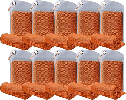 10 Pack Cooling Towels Bulk Microfiber Ice Towel Quick Dry Breathable Chilly Sweat Towel Stay Cool Towel for Neck Face Yoga Gym Workout Running Pilates Beach with Carabin Bag, 40x12'', Orange
