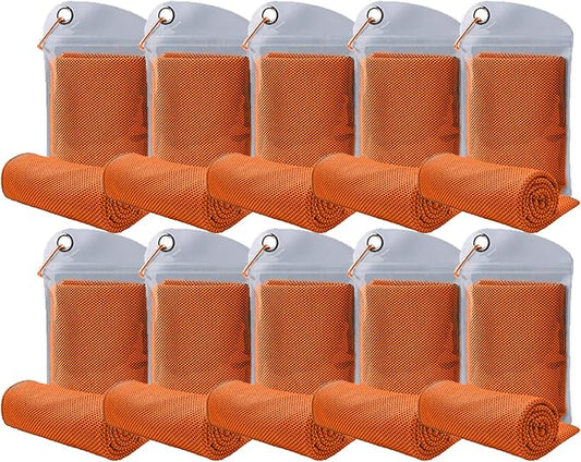 10 Pack Cooling Towels Bulk Microfiber Ice Towel Quick Dry Breathable Chilly Sweat Towel Stay Cool Towel for Neck Face Yoga Gym Workout Running Pilates Beach with Carabin Bag, 40x12'', Orange