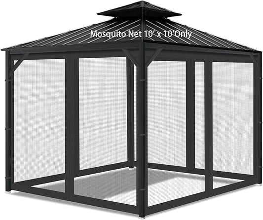 Gazebo Universal Replacement Mosquito Netting, 10' x 10' Outdoor Mesh Netting Screen 4-Panel Sidewall with Zipper for Patio, Canopy, Garden and Backyard, Black(Mosquito Net Only)