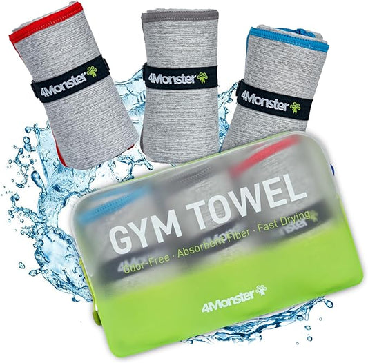 4Monster Microfiber Gym Towel & Wet Towel Bag Travel Set,Quick Dry Camping Towel Lightwight Travel Towel,Ultra Soft Absorbent Workout Towel Gear for Body Sweat, Beach, Pool, Shower (Blue&Gray&Red, 3)