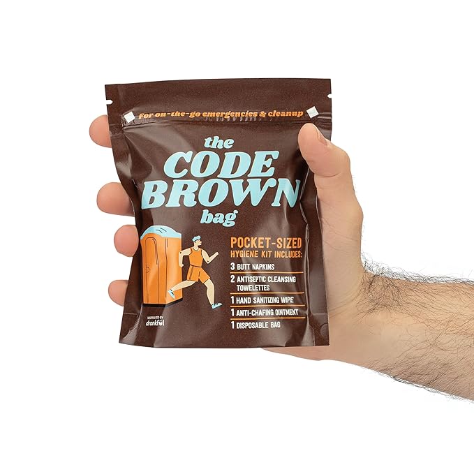 CODE BROWN Bag, Single Use Portable Travel Bathroom Pack, Includes Butt Napkins, Hand Wipes, Disposal Bag, Hand Sanitizer, Anti-Chafe Ointment, for Running, Hunting, Camping, Hiking, Outdoors