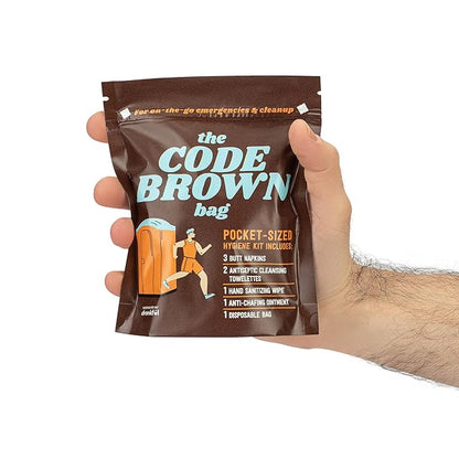 CODE BROWN Bag, Single Use Portable Travel Bathroom Pack, Includes Butt Napkins, Hand Wipes, Disposal Bag, Hand Sanitizer, Anti-Chafe Ointment, for Running, Hunting, Camping, Hiking, Outdoors