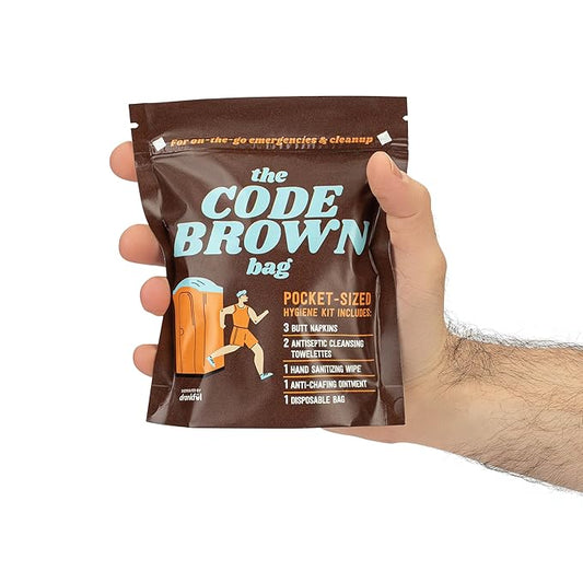CODE BROWN Bag, Single Use Portable Travel Bathroom Pack, Includes Butt Napkins, Hand Wipes, Disposal Bag, Hand Sanitizer, Anti-Chafe Ointment, for Running, Hunting, Camping, Hiking, Outdoors