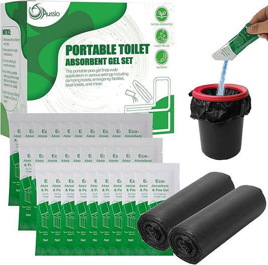 (30pcs Poo Gel+20pcs Toilet Bag Portable Toilet Absorbent Gel Poo Urine Powder for Outdoor Hiking Camping Poo Gel for Portable Toilet Camping Toilet Gel Poo Powder for Outdoor Use