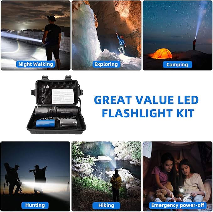 Rechargeable Flashlights High Lumens,90000 Lumen Brightest Powerful Led Flashlight, Super Bright Flash Lights Battery Powered Handheld Tactical Flashlights for Emergencies Camping