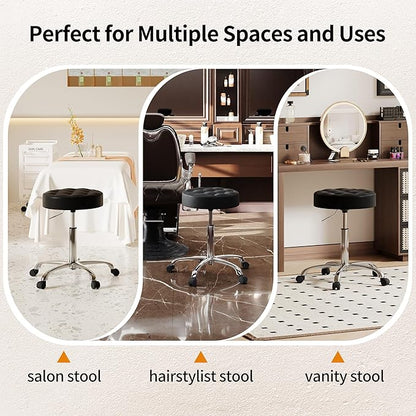 Rolling Stools with Wheels (300lbs Capacity) (Adjustable Height 20"-27") Black Leather Tattoo Vanity Massage Stool (Black)