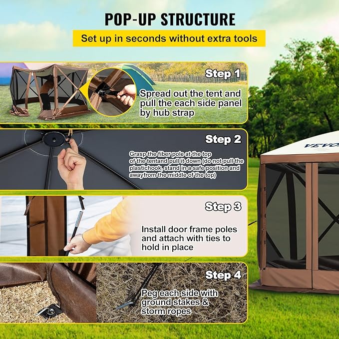 VEVOR 12x12ft Pop Up Gazebo Tent with Privacy Panels, Mosquito Netting & Removable Wind Cloths, 6-Sided Outdoor Canopy for Patio
