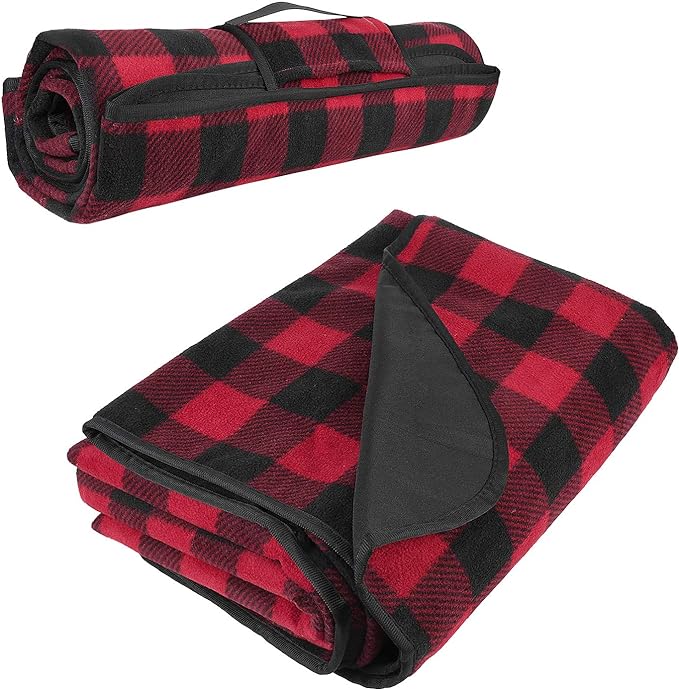 Tirrinia Outdoors Waterproof Throw Blanket, 51”x 59” Lightweight Fleece Stadium Windproof Mat for Boat, Traveling, Camping, Hiking, Football - Machine Washable, Red-Black Plaid