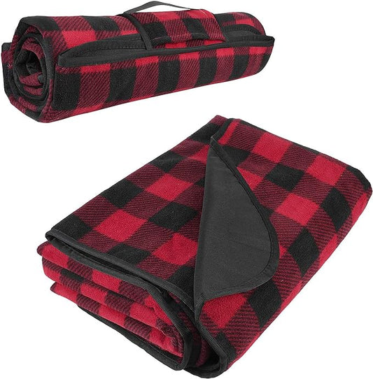 Tirrinia Outdoors Waterproof Throw Blanket, 51”x 59” Lightweight Fleece Stadium Windproof Mat for Boat, Traveling, Camping, Hiking, Football - Machine Washable, Red-Black Plaid