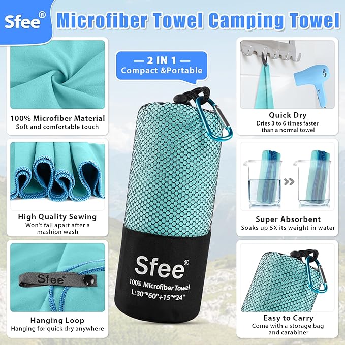 Sfee 2 Pack Microfiber Travel Towel, Quick Dry Towel Camping Towel Super Absorbent Compact Lightweight Sports Towel Swim Towel Gym Towel Beach Towel Set for Gym, Hiking, Pool, Backpacking, Bath, Yoga