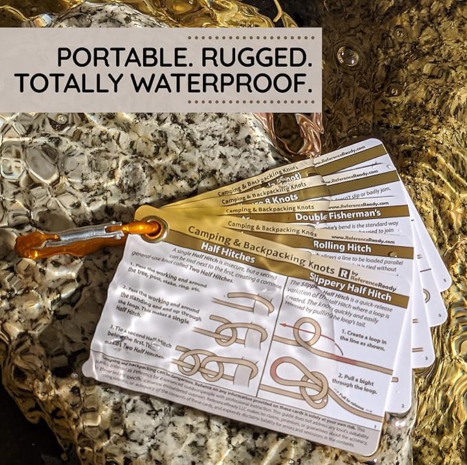 Outdoor Knots - Waterproof Knot Tying Cards with Mini Carabiner - Includes 22 Rope Knots for Camping, Backpacking, & Scouting Scenarios