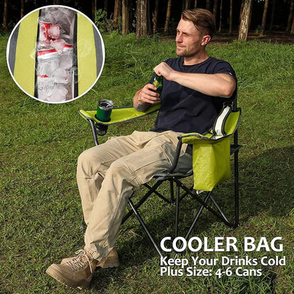 VILLEY Camping Chair, Oversized Folding Camp Chair, Portable Outdoor Chairs Support 450 LBS with Padded Seats, Cooler Bag, Cup Holder, Carry Bag, Green