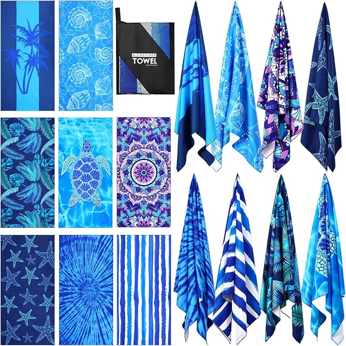 Buryeah 8 Pack Oversized Microfiber Beach Towels Bulk 71 x 35 Inch Pool Towels Absorbent Quick Dry Sand Free for Adults Kids Travel Swimming Camping Yoga Gym Beach Vacation Gift, Blue Ocean Style