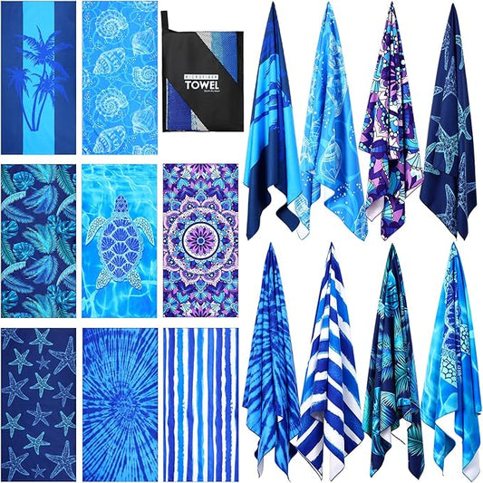 Buryeah 8 Pack Oversized Microfiber Beach Towels Bulk 71 x 35 Inch Pool Towels Absorbent Quick Dry Sand Free for Adults Kids Travel Swimming Camping Yoga Gym Beach Vacation Gift, Blue Ocean Style