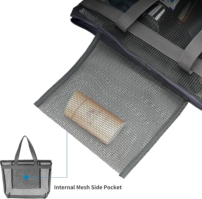 Portable Mesh Shower Caddy Tote Bag Hanging Toiletry Bag with Zipper for Travel, Bath, Gym, Beach, Camping, Swimming, Sunscreen, Dorm (Gray)