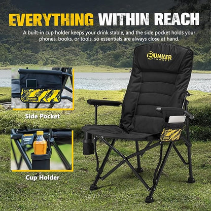 BUNKER INDUST Folding Camping Chair, Oversized with Padded Cushion, Outdoor Chair with Cup Holder Storage Pockets, Adjustable High Backrest Supports 450 LBS for Garden Beach Fishing Lawn