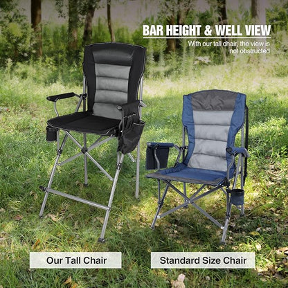 Extra Tall Folding Chairs for Adults 330lbs, Portable Bar Height Foldable Director Chairs for Camping Outside, Comfortable with Makeup Pocket, High Back and Footrest, Black