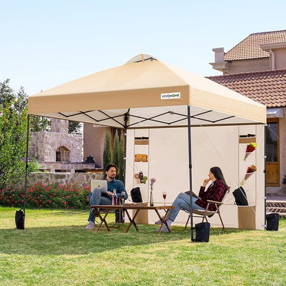 VIVOHOME 10x10ft Pop Up Canopy Tent with Sidewall and 6 Pockets, One Push Setup Outdoor Portable Shelter Tent Heavy Duty with Wheel Carry Bag and 4 Sandbags, Beige