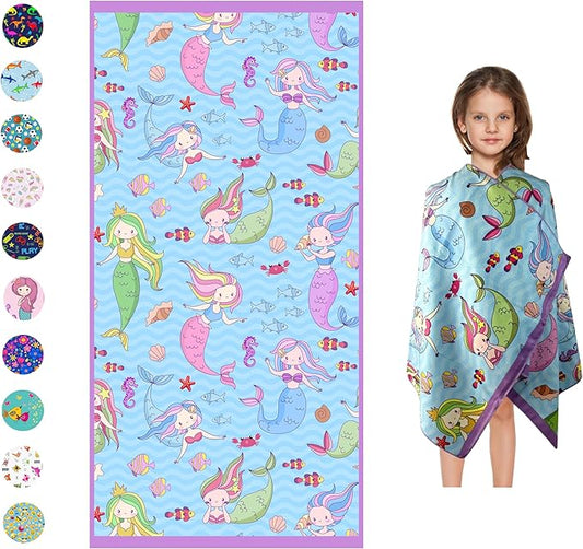 Microfiber Beach Towel for Kids - Thin and Large (30"x60") - Mermaids - Absorbent, quick dry, sand free, lightweight, blanket - toddler, girls, boys - For Sports, Pool, Picnic, Camping, Travel, Swim