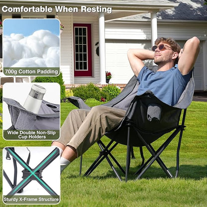Oversized Camping Chair, Portable Folding Padded Camp Chairs with Side Pocket, Cup Holder, Heavy Duty Support 500LBS Outdoor Lounge Chair for Adults, Fishing, Sports, Trip, Grey