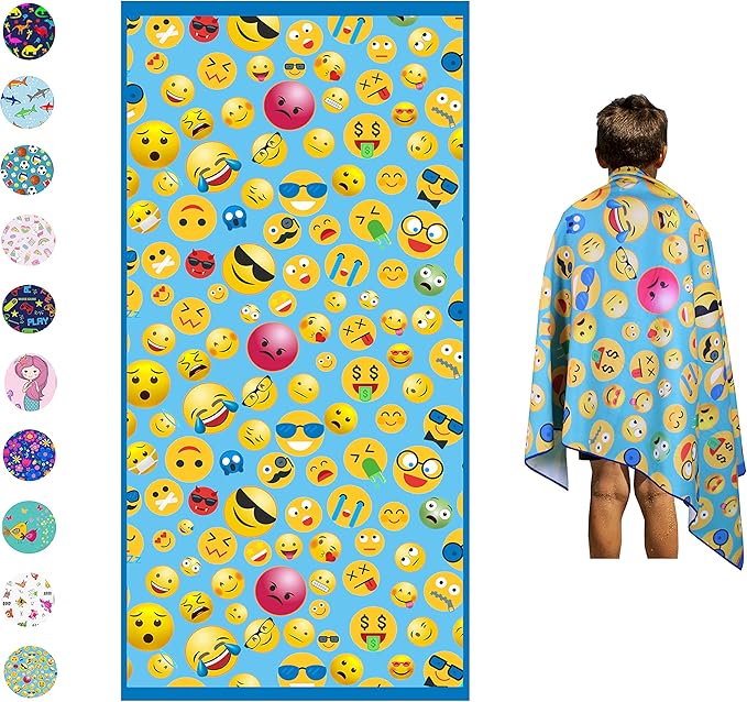Microfiber Beach Towel for Kids - Thin and Large (30"x60") - Emoticons - Absorbent, quick dry, sand free, lightweight, blanket - toddler, girls, boys - For Sports, Pool, Picnic, Camping, Travel, Swim