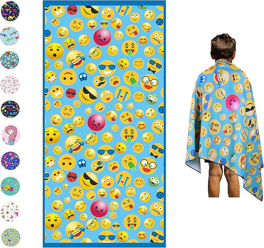 Microfiber Beach Towel for Kids - Thin and Large (30"x60") - Emoticons - Absorbent, quick dry, sand free, lightweight, blanket - toddler, girls, boys - For Sports, Pool, Picnic, Camping, Travel, Swim