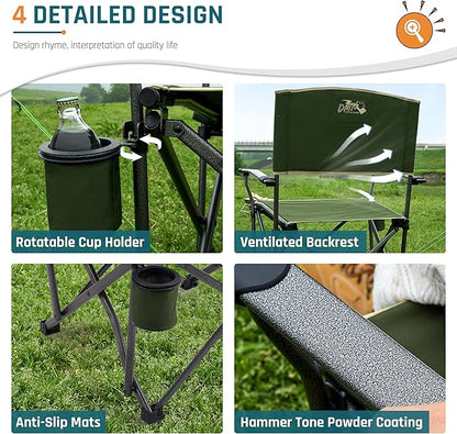 Oversized Folding Camping Chairs for Adults Heavy Duty Camp Chair Support 400 LBS Steel Frame Metal Arm Lawn Chairs with Swivel Cup Holder & Hollow Backrest Extra Large Outdoor Chairs Green