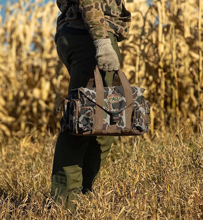 Rig'em Right Waterfowl Standard Shell Shocker Blind Bag with Sunglass Case, Drink Holder, and Ammo Compartment in Brown Camo