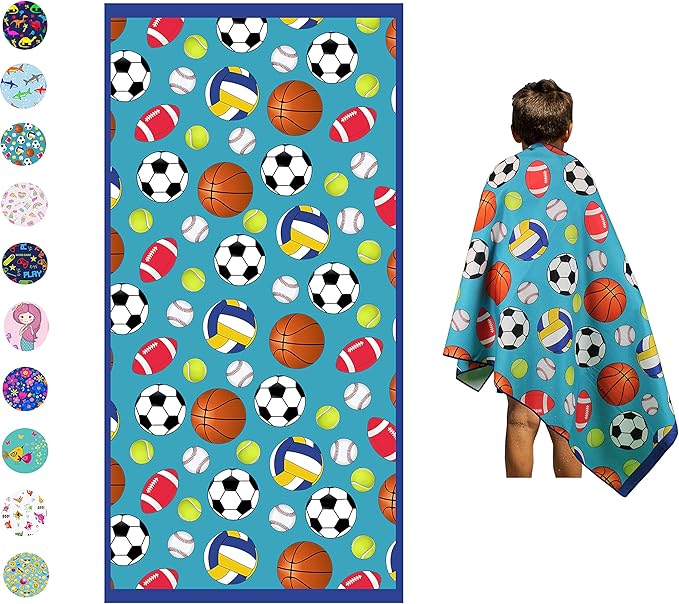 Microfiber Beach Towel for Kids - Thin and Large (30"x60") - Sports Balls - Absorbent, quick dry, sand free, lightweight, blanket - toddler, girls, boys - For Pool, Picnic, Camping, Travel, Swim