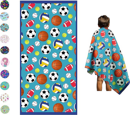 Microfiber Beach Towel for Kids - Thin and Large (30"x60") - Sports Balls - Absorbent, quick dry, sand free, lightweight, blanket - toddler, girls, boys - For Pool, Picnic, Camping, Travel, Swim