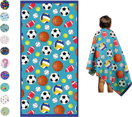 Microfiber Beach Towel for Kids - Thin and Large (30"x60") - Sports Balls - Absorbent, quick dry, sand free, lightweight, blanket - toddler, girls, boys - For Pool, Picnic, Camping, Travel, Swim