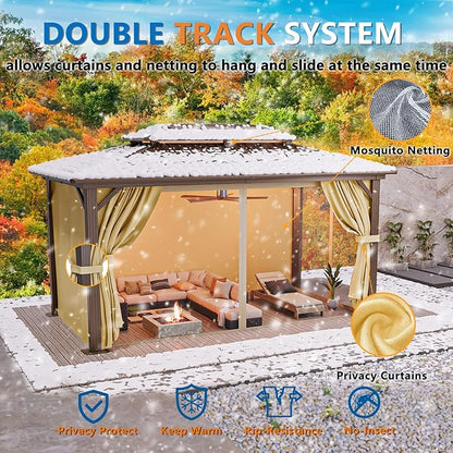 HOTEEL 10x15 Hardtop Gazebo on Clearance with Heavy Duty Galvanized Steel Double Metal roof,Aluminum Frame,Patio Gazebo with Curtains and Netting,Outdoor Permanent Gazebo Pavillon for Backyard,Bronw