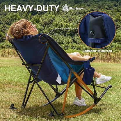 Rocking Camping Chair, Heavy Duty, High Back Oversized Portable Folding Chair with Side Cup Holders, Pocket for Beach, Fishing,Trip,Picnic,Lawn,Concert Outdoor Foldable Camp Chairs, Blue