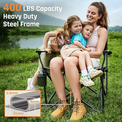 Oversized Folding Camping Chairs for Adults Heavy Duty Camp Chair Support 400 LBS Steel Frame Metal Arm Lawn Chairs with Swivel Cup Holder & Hollow Backrest Extra Large Outdoor Chairs Green