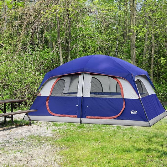 CAMPROS CP Camping Tent 10 Person Family Cabin Tent, 2 Room Water Resistant Waterproof Tent with Top Rainfly, 4 Large Mesh Windows, Double Layer, Easy Set Up, Portable with Carry Bag, 16ft x 9ft x72in