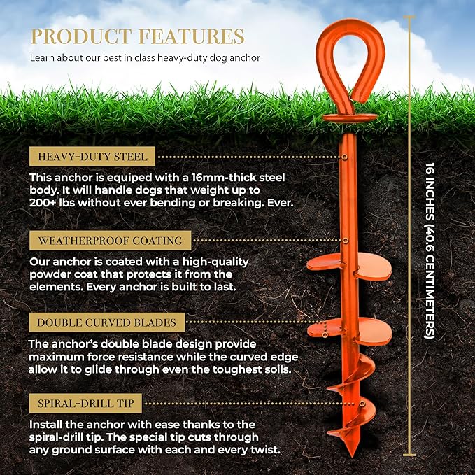 Dog Tie Out Stake - Heavy Duty Dog Stake for Large Dogs up to 210 lbs, Dog Stakes for Outside to use with Any Dog Tie Out Cable or Dog Leads for Yard (NO1-Orange) (Anchor Only)