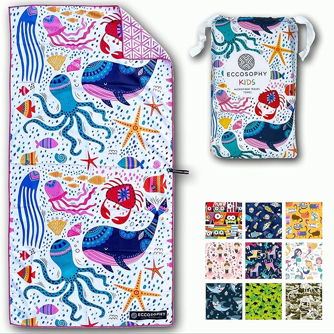 ECCOSOPHY Microfiber Kids Beach Towels & Pouch 60"x30" for Girls & Boys - Quick Dry Pool Towels - Sand Free Beach Blanket for Travel - Camping - Vacation - Toallas Playas