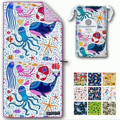 ECCOSOPHY Microfiber Kids Beach Towels & Pouch 60"x30" for Girls & Boys - Quick Dry Pool Towels - Sand Free Beach Blanket for Travel - Camping - Vacation - Toallas Playas