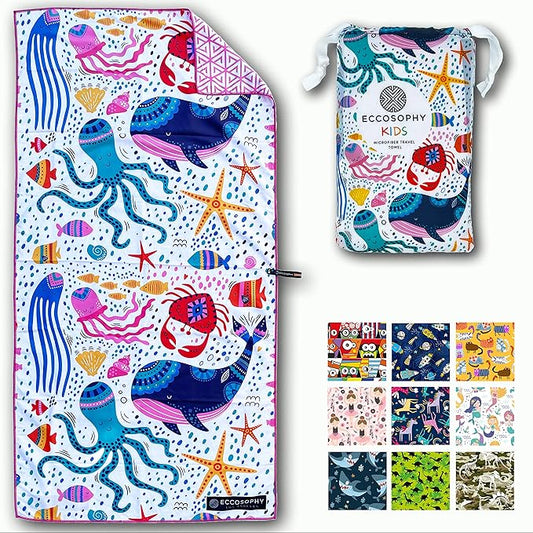 ECCOSOPHY Microfiber Kids Beach Towels & Pouch 60"x30" for Girls & Boys - Quick Dry Pool Towels - Sand Free Beach Blanket for Travel - Camping - Vacation - Toallas Playas