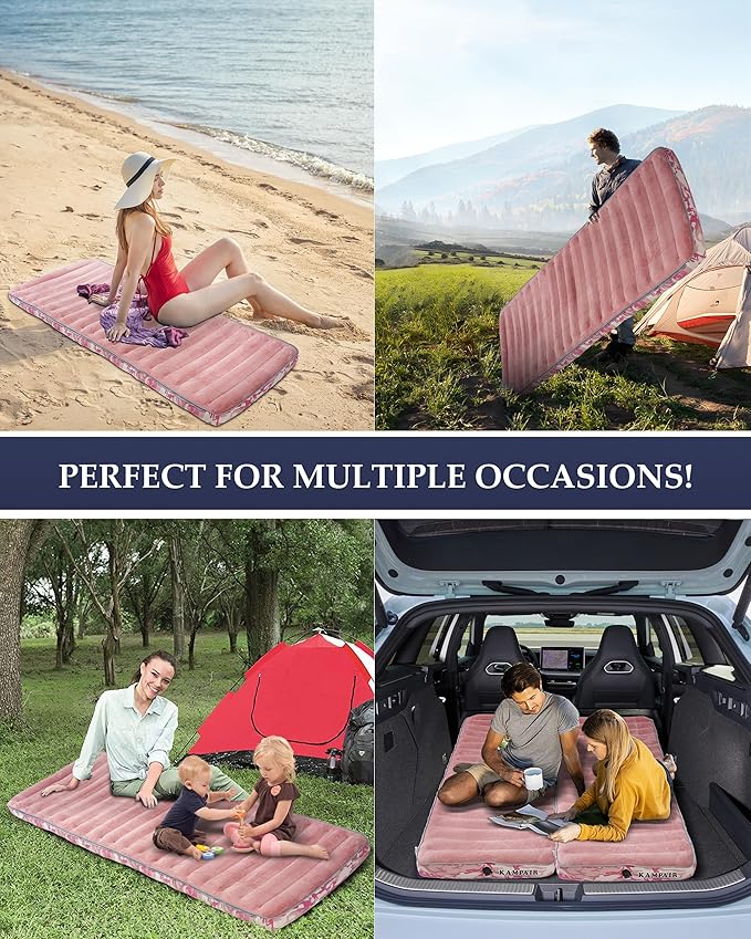 Inflatable Sleeping Pad for Camping, Extra-Thick 4.75 Inch Air Mattress with Soft Cotton Top, Machine Washable, Family Lightweight 4-Season Pad for Camping, Traveling & Hiking, Pink