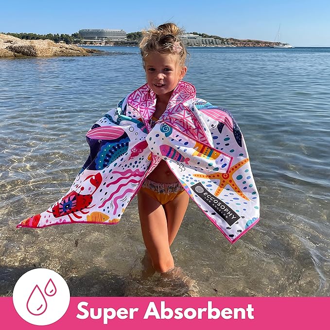 ECCOSOPHY Microfiber Kids Beach Towels & Pouch 60"x30" for Girls & Boys - Quick Dry Pool Towels - Sand Free Beach Blanket for Travel - Camping - Vacation - Toallas Playas