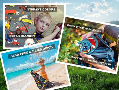 Microfiber Beach Towel for Kids - Thin and Large (30"x60") - Trucks - Absorbent, quick dry, sand free, lightweight, blanket- toddler, girls, boys - For Sports, Pool, Picnic, Camping, Travel, Swim