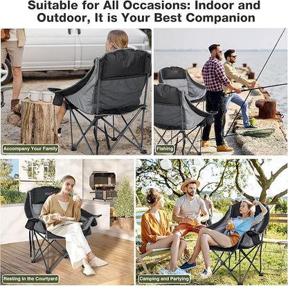 Oversized Camping Chair, Portable Folding Padded Camp Chairs with Side Pocket, Cup Holder, Heavy Duty Support 500LBS Outdoor Lounge Chair for Adults, Fishing, Sports, Trip, Black