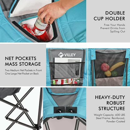 VILLEY Double Camping Chair w/Cooler Bag, Extra Wide Loveseat, Heavy Duty Padded Camping Couch, Portable Folding Chair w/Carry Bag Steel Frame Cup Holders for Camp Lawn Picnic Sports, Support 600LBS
