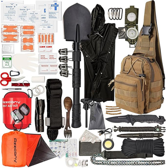 Emergency Survival & First Aid Kit & Tourniquet - 250 PCS Go Bugout Bag Survival Gears with Compass Flashlight Shovel - Tactical Military Grade EDC Backpack for Outdoor Camping Scout