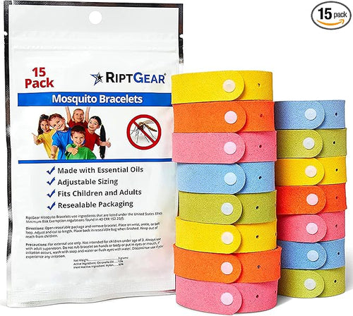 RiptGear Mosquito Bracelets - 15 Pack of Mosquito Bracelets for Kids and Adults, Insect Bracelet, Citronella Wristband - DEET Free Mosquito Wristbands, Camping Accessories